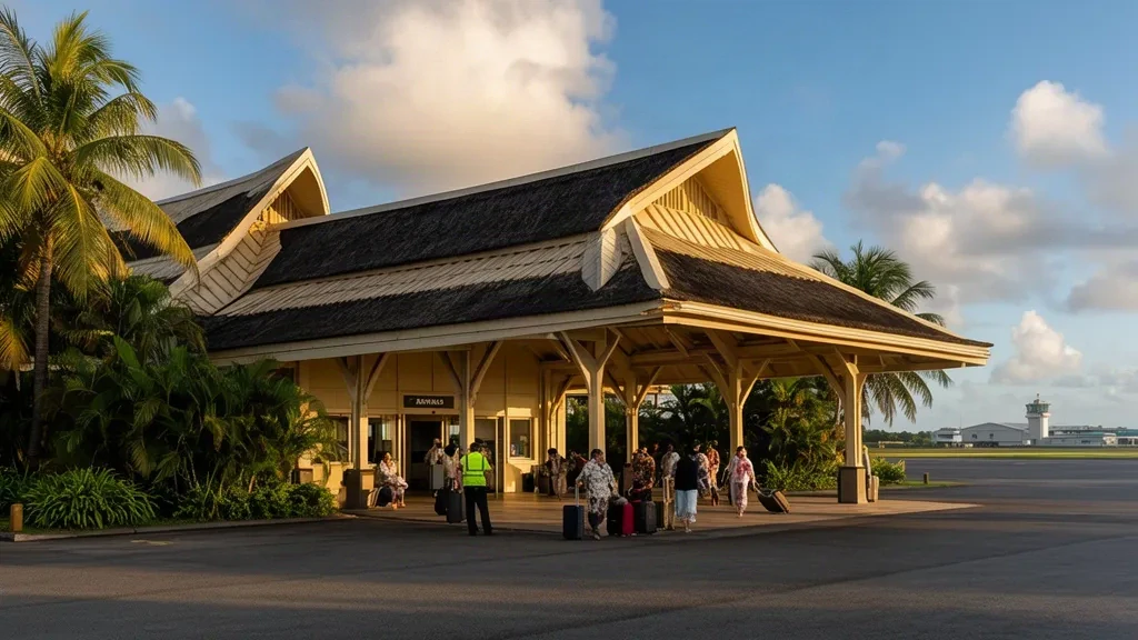 Samoa'daki Faleolo Uluslararası Havalimanı'nda, sıcak tropikal öğleden sonra ışığında hindistan cevizi palmiyeleriyle çevrili açık hava terminal binası