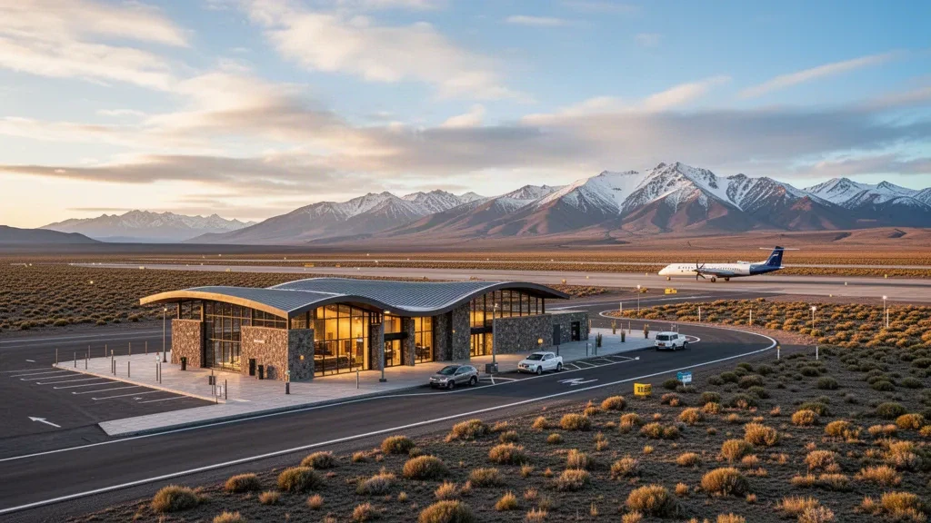 Modern regional terminal at Zapala Airport in Patagonia, Argentina, with Andes mountains and runway at golden hour.