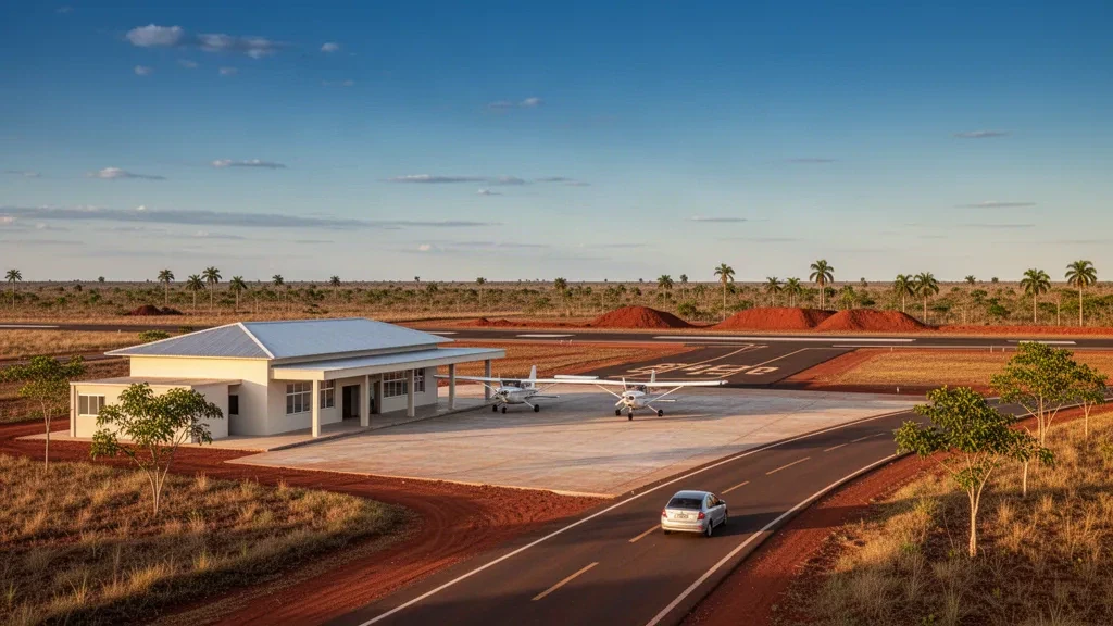 Pequeña terminal de aeropuerto regional y plataforma pavimentada con aeronaves ligeras en Alto Parnaíba, Maranhão, Brasil, bajo una cálida luz de tarde