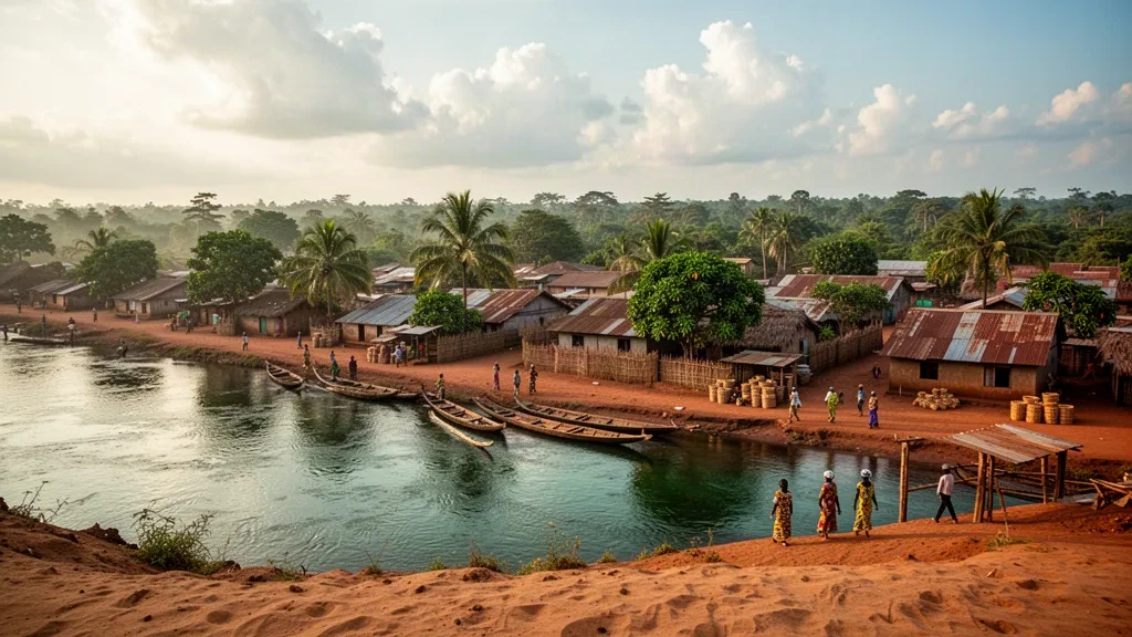 Riverside view of Obo town in Haut-Mbomou, Central African Republic, with mud-brick houses, mango trees and pirogues at golden hour