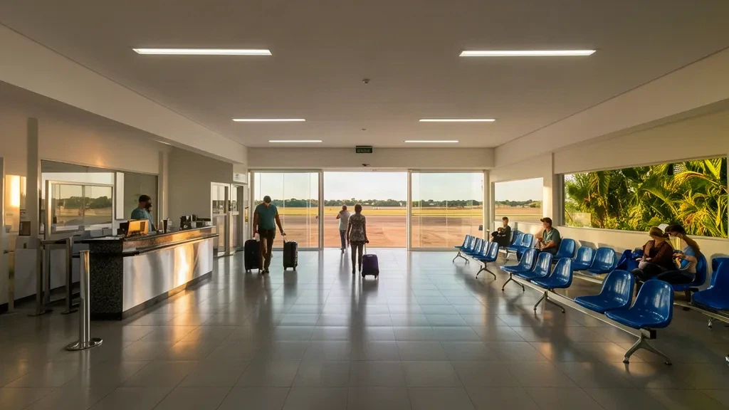 Interno luminoso e moderno del terminal dell'Aeroporto di Araraquara (AQA) a São Paulo, Brasile, con banchi check-in, sedute d'attesa e porte in vetro verso il piazzale.
