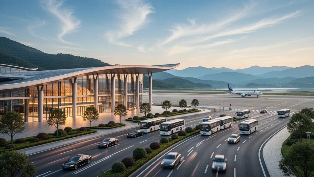 Modern glass terminal exterior at Anqing Tianzhushan Airport in Anhui, China, with drop-off lanes and golden-hour lighting