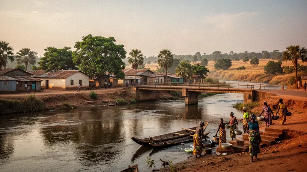 Veduta nel tardo pomeriggio sul fiume Ouaka e sulla città rivierasca di Bambari nella prefettura di Ouaka, Repubblica Centrafricana