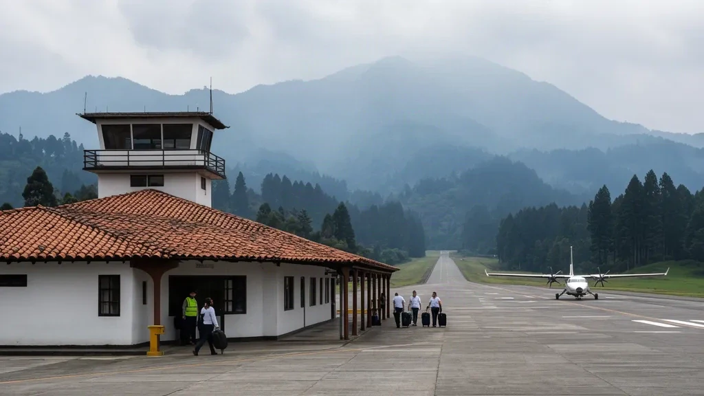 Exterior view of Quiché Airport AQB terminal in Santa Cruz del Quiché, Guatemala, with paved runway and highland mountains.