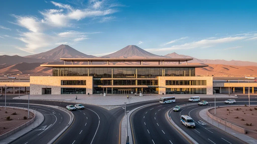 Modern glass terminal exterior at Rodríguez Ballón International Airport in Arequipa, Peru, with volcano views at golden hour