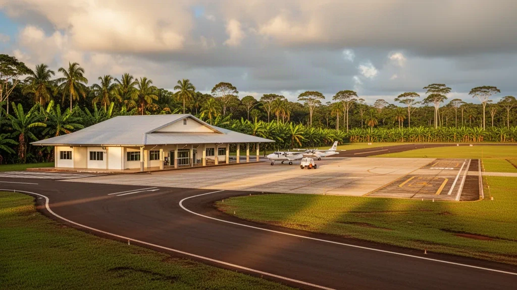Terminal aeroportuale regionale di bassa altezza ad Ariquemes, Rondônia, con vegetazione tropicale, piccoli aerei sul piazzale e umida luce pomeridiana amazzonica