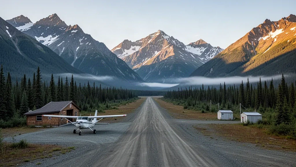 Girdwood-Alyeska Havalimanı'nda Alaska'da çakıl pist ve küçük bir hafif uçak, altın saatte Chugach dağ zirveleri ve yaprak dökmeyen ormanla çerçevelenmiş