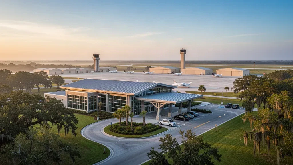 Flaches Glas-Terminal und Vorfeld der allgemeinen Luftfahrt am Acadiana Regional Airport in New Iberia, Louisiana, zur goldenen Stunde