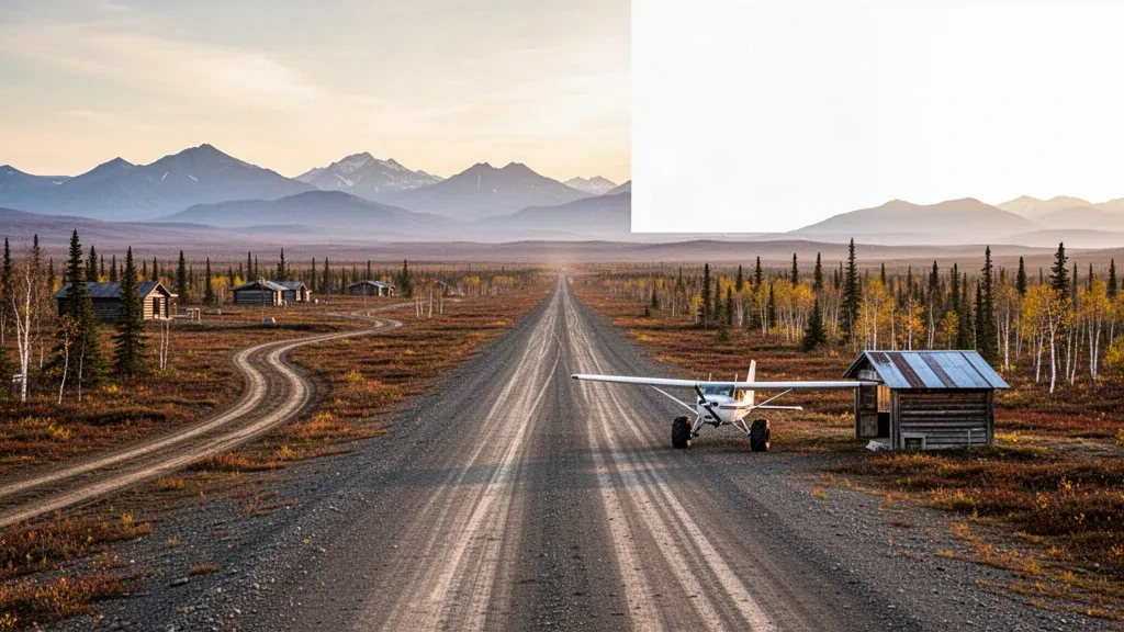 Gravel runway and small bush plane at remote Arctic Village Airport in Alaska, framed by tundra and Brooks Range mountains at golden hour