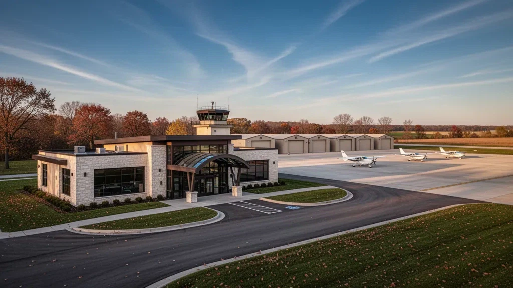 Avion monomoteur sur le tarmac à côté du terminal moderne et des hangars de l'aéroport municipal d'Ann Arbor dans le Michigan à l'heure dorée