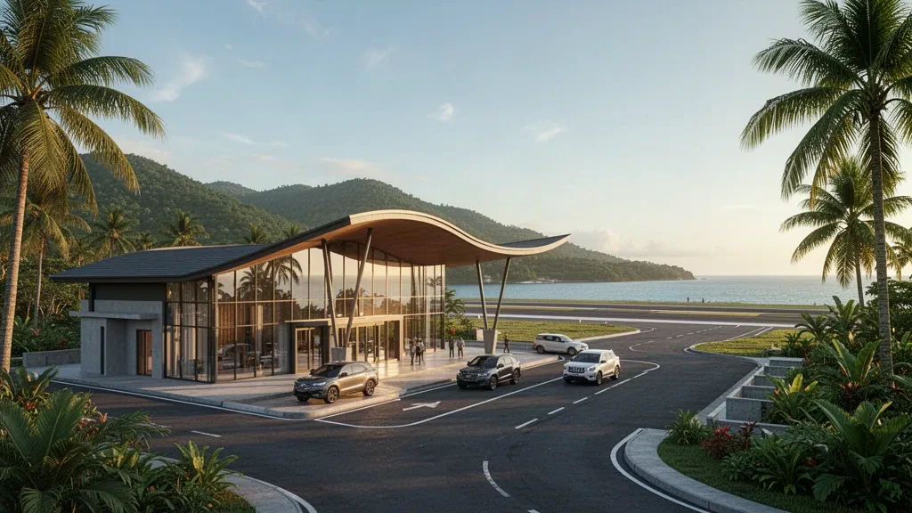 Terminal moderna y pista en el Aeropuerto Mali en la Isla de Alor, Indonesia, con colinas tropicales y cielos despejados al fondo.
