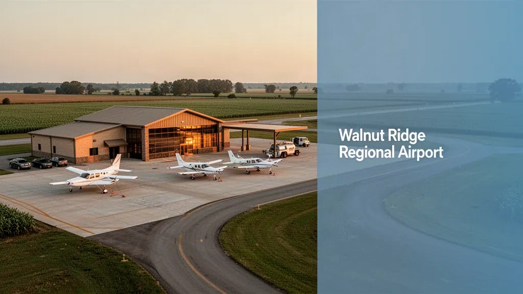 Small regional airport terminal and aircraft apron at Walnut Ridge Regional Airport in Arkansas under warm golden-hour light