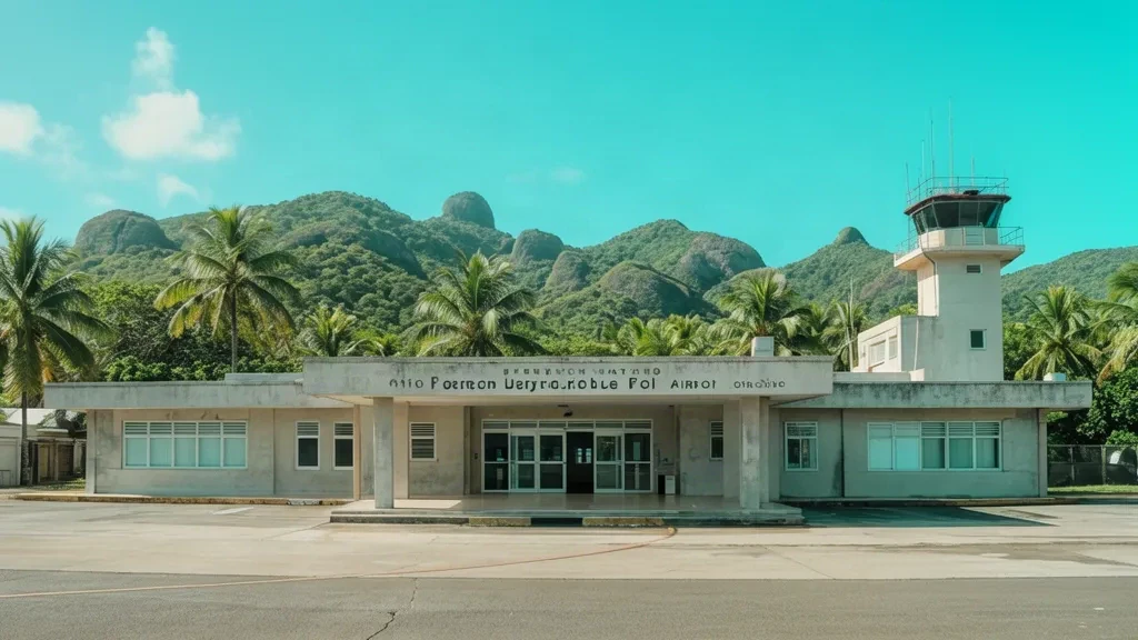 Exterior de la terminal del Aeropuerto Antonio Nery Juarbe Pol en Arecibo, Puerto Rico, con palmeras y colinas verdes bajo cielo azul.