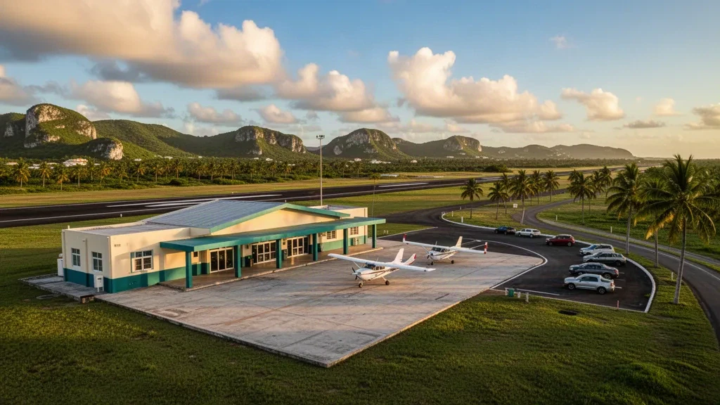 Piazzale di un aeroporto regionale e terminal a un piano presso l'aeroporto Antonio Nery Juarbe Pol di Arecibo, Porto Rico, in una calda luce costiera tropicale