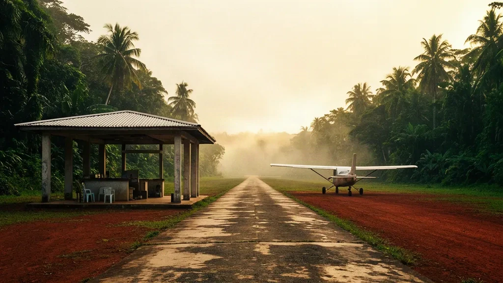Pista rustica e terminal all'aperto presso l'Aeroporto di Acaricuara ARF, circondato dalla fitta foresta pluviale amazzonica nel Vaupés, Colombia.