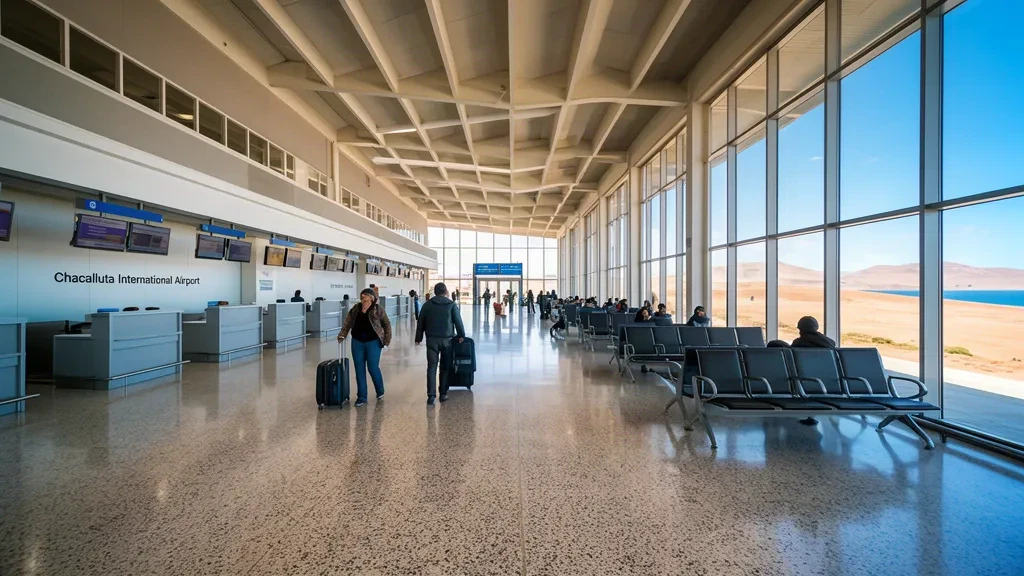 Innenbereich des Terminals des internationalen Flughafens Chacalluta in Arica, Chile, mit Reisenden und hellem Tageslicht.