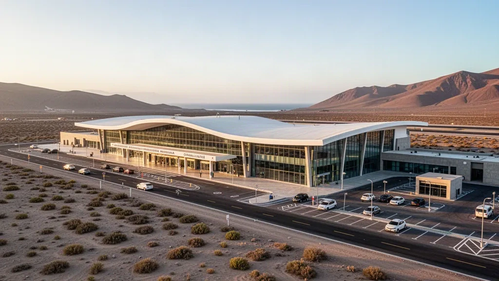 Extérieur du terminal moderne de l'aéroport international Chacalluta à Arica, au Chili, avec paysage désertique et ciel dégagé
