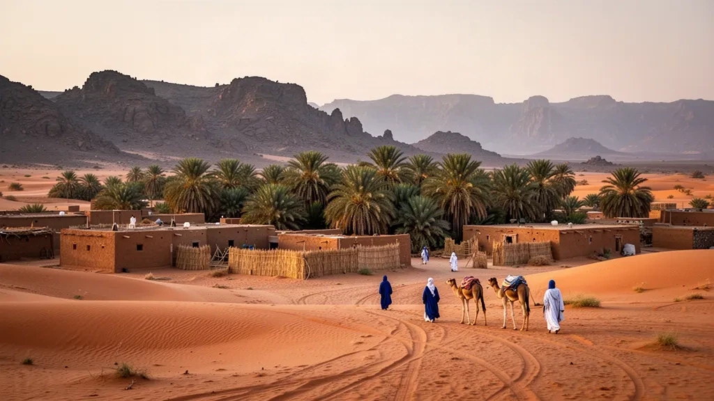 Oasis de palmeras datileras y dunas saharianas alrededor de Faya-Largeau, en la región de Borkou de Chad, bajo una cálida luz desértica