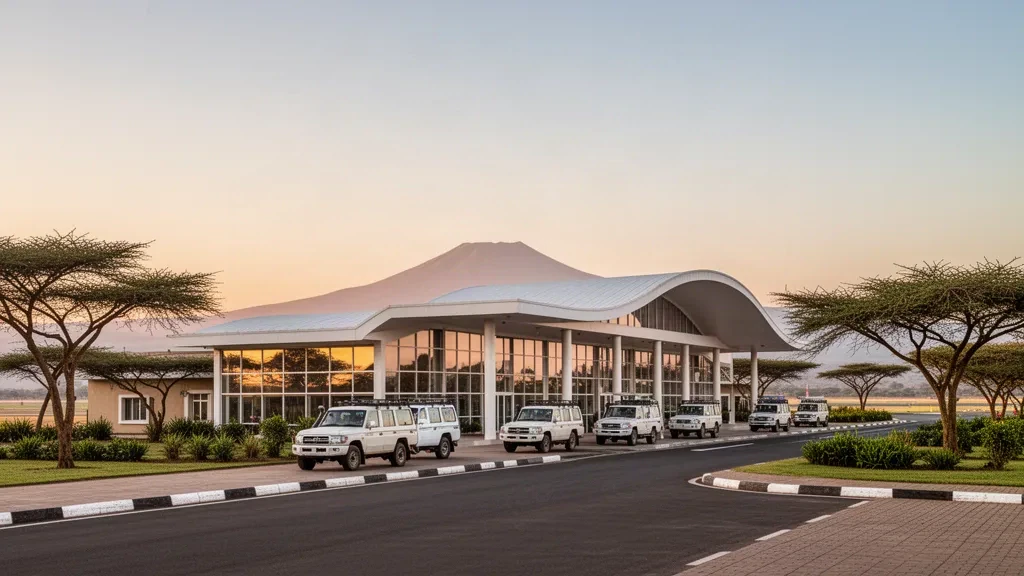 Entrée du terminal de l'aéroport d'Arusha avec des véhicules de safari et le mont Meru en arrière-plan sous la lumière dorée de la Tanzanie