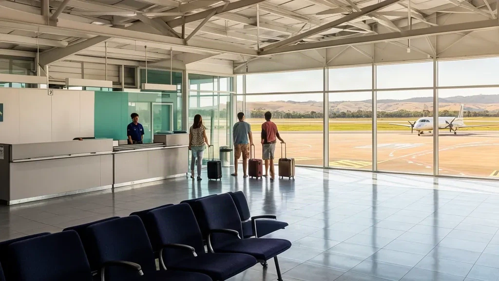 Interior of Armidale Airport terminal in New South Wales with check-in counters, seating and tarmac views