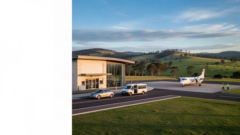 Modernes regionales Terminal am Flughafen Armidale in NSW mit Bring- und Abholspuren am Bordstein, einem abgestellten Pendlerflugzeug und grünen Hügeln der Northern Tablelands zur goldenen Stunde