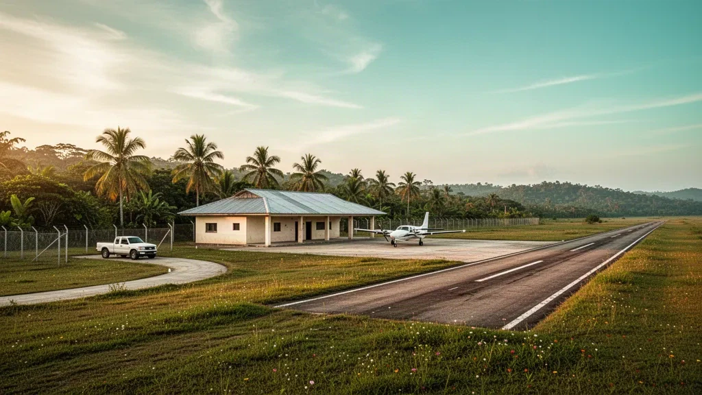 Small rural airstrip in Arboletes, Colombia, with a single runway, modest terminal and palm trees under warm late afternoon light.