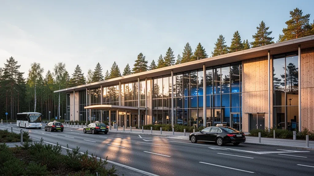 Altın saatlerde Stockholm Arlanda Havalimanı'nda modern cam ve ahşap terminal binasının dış cephesi, yolcu indirme şeritleri ve ötede İskandinav çam ormanı.