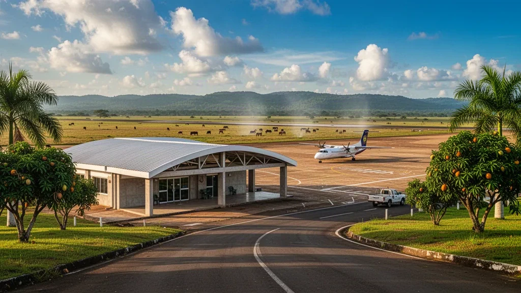 Flaches Terminal, tropische Startbahn und ein Regionalflugzeug am Flughafen El Troncal in Arauquita, Kolumbien, in warmem Licht zur goldenen Stunde.