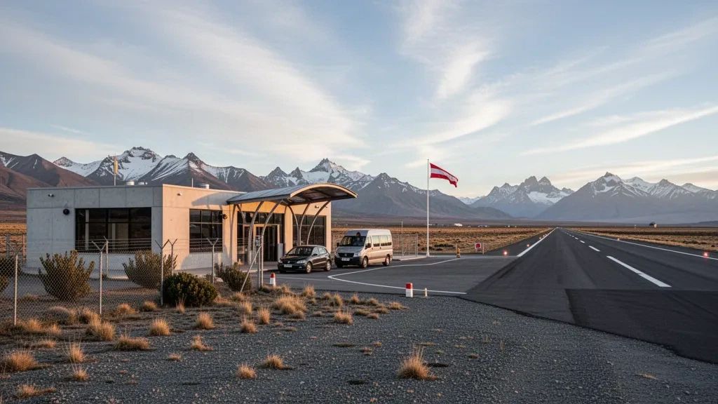 Wide view of the terminal and runway at D. Casimiro Szlapelis Airport in Patagonian Alto Río Senguer, Chubut, Argentina.