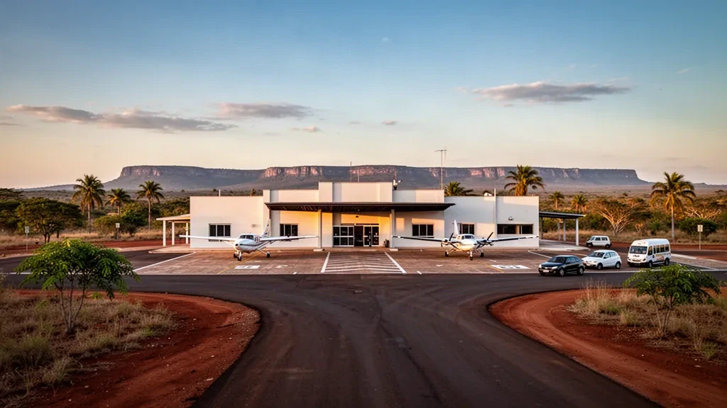 Piccolo terminal aeroportuale regionale ad Aragarças, in Brasile, con piccoli aerei sull'apron e paesaggio tropicale del Cerrado durante l'ora d'oro