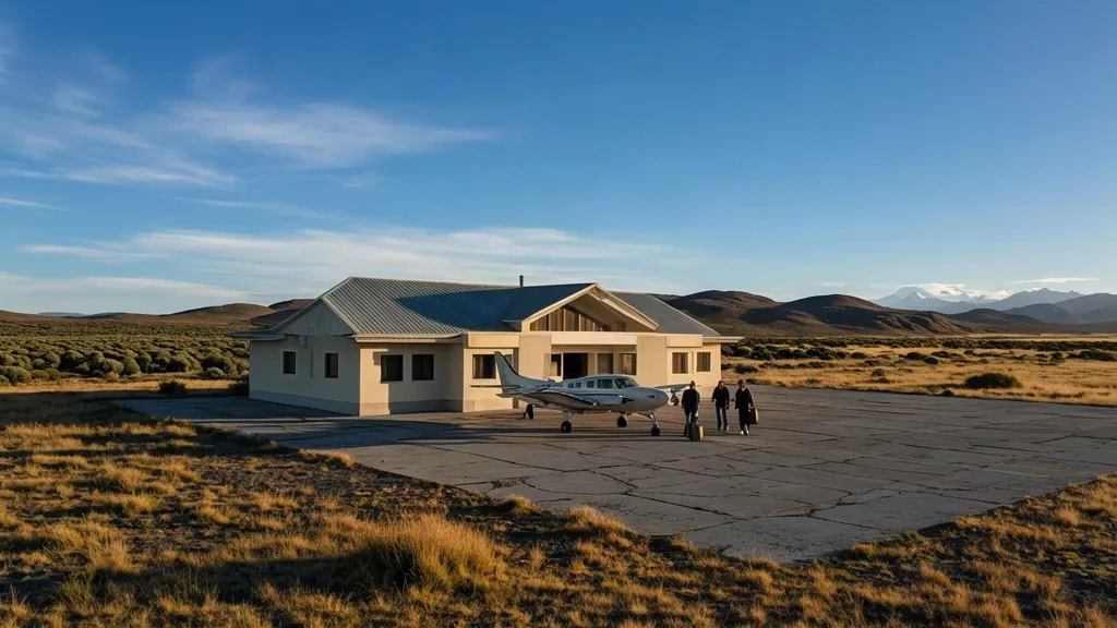 Niedriges einstöckiges Terminal des Flughafens D. Casimiro Szlapelis in Alto Río Senguer, Chubut, umgeben von patagonischem Steppengrasland