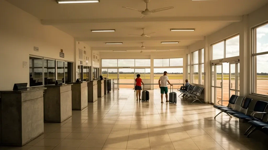 Interior of Araçatuba Airport terminal in Brazil, with check-in hall, benches and daylight through glass doors facing the apron.