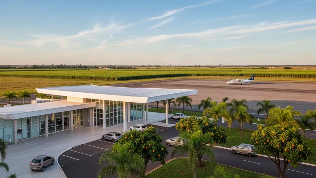 Außenansicht eines modernen regionalen Flughafenterminals mit Vorfahrtsbereich am Flughafen Araçatuba in São Paulo, Brasilien, in warmem Licht zur goldenen Stunde