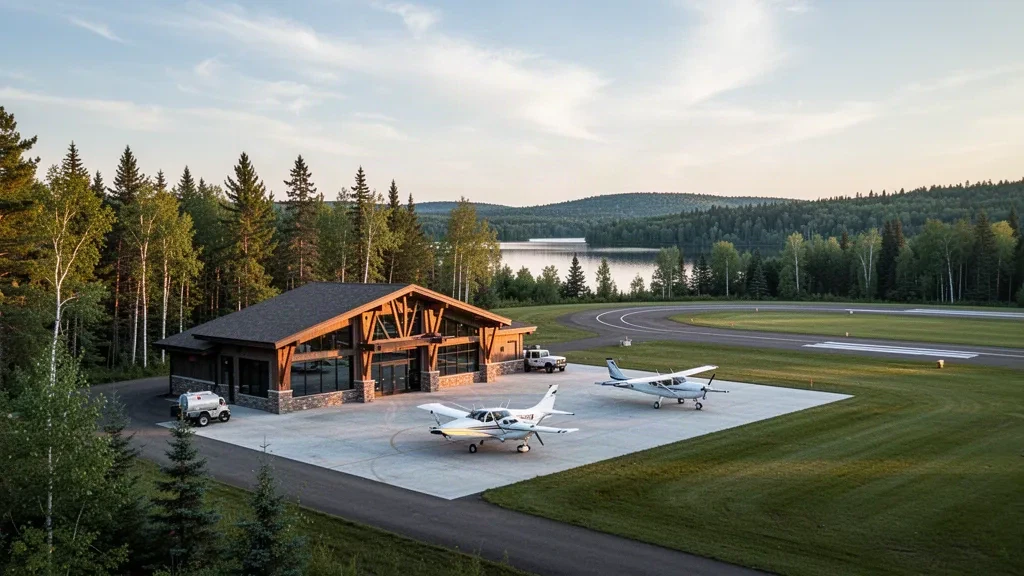 Kleines Terminal für die allgemeine Luftfahrt und abgestellte Flugzeuge am Lakeland Airport in den Northwoods von Wisconsin, umrahmt von Kiefernwald zur goldenen Stunde