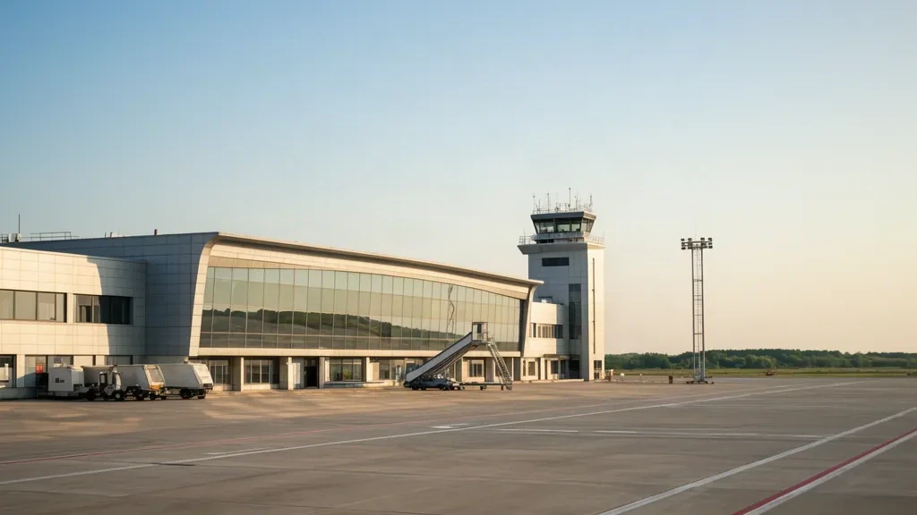 Modern glass passenger terminal of Arad International Airport in Romania with apron and control tower under a clear sky