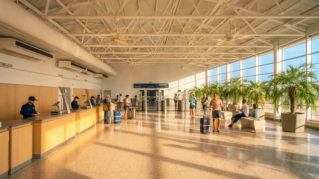 Terminalinneres am Regionalflughafen Aracati Dragão do Mar in Ceará, Brasilien, mit Check-in-Schaltern, Sitzgelegenheiten und hellem tropischem Tageslicht