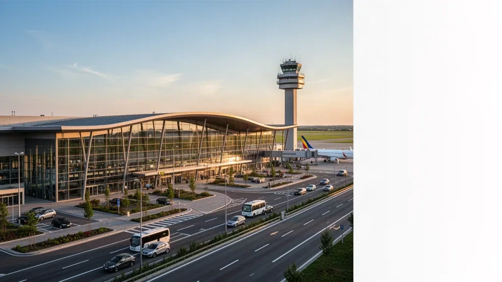 Romanya'daki Arad Uluslararası Havalimanı'nda altın saatlerde modern cam terminal binasının dış cephesi ve yolcu indirme şeridi
