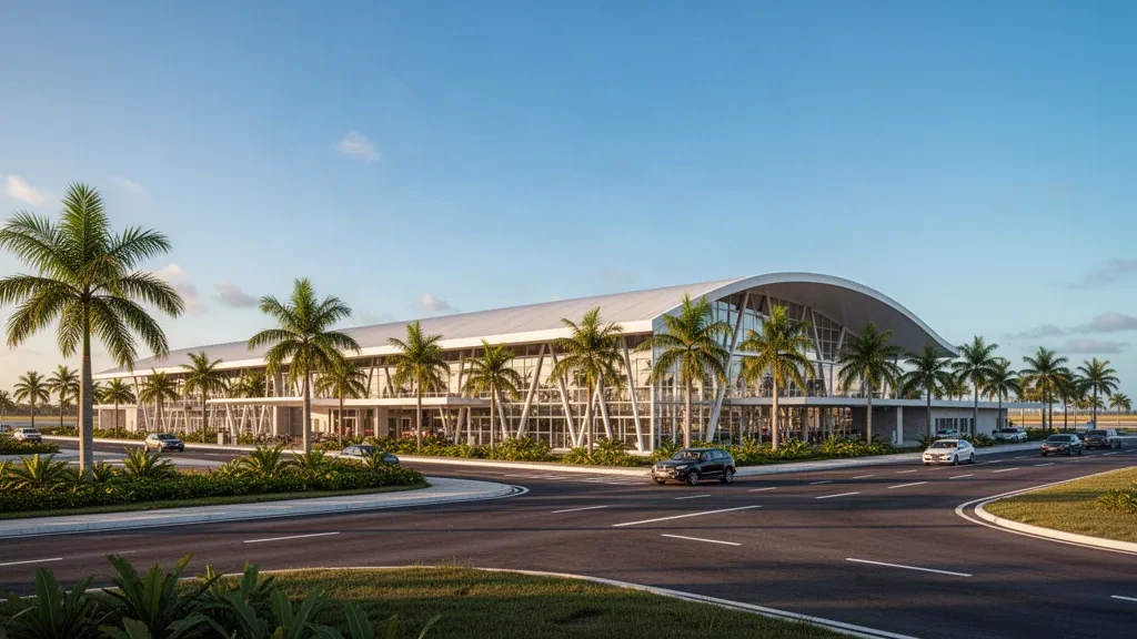 Exterior de la terminal del Aeropuerto Regional Aracati Dragão do Mar a la hora dorada con fachada de cristal, vía de acceso y paisajismo tropical