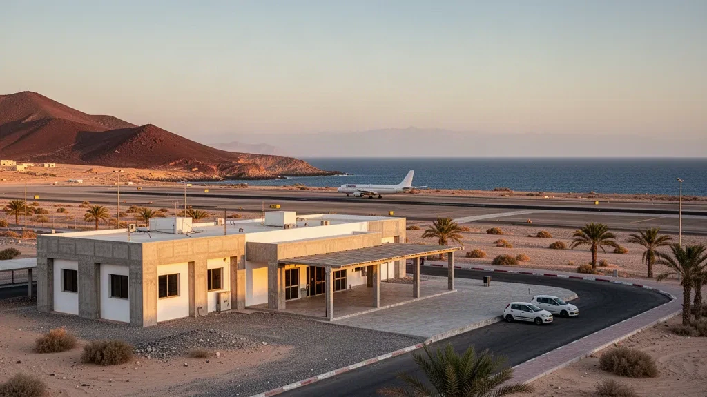 Low-rise terminal and sunlit apron at Assab International Airport on Eritrea's Red Sea coast in warm afternoon light
