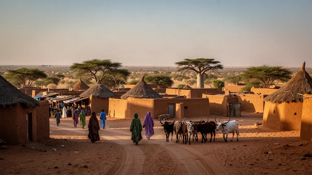 Golden hour over Massakory in Chad's Hadjer-Lamis region, with mud-brick homes, acacia trees and dry Sahel savanna stretching to the horizon