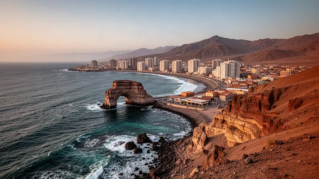 Arco natural de roca La Portada y la costa del Pacífico de Antofagasta, Chile, a la hora dorada con acantilados del desierto de Atacama y el horizonte de la ciudad