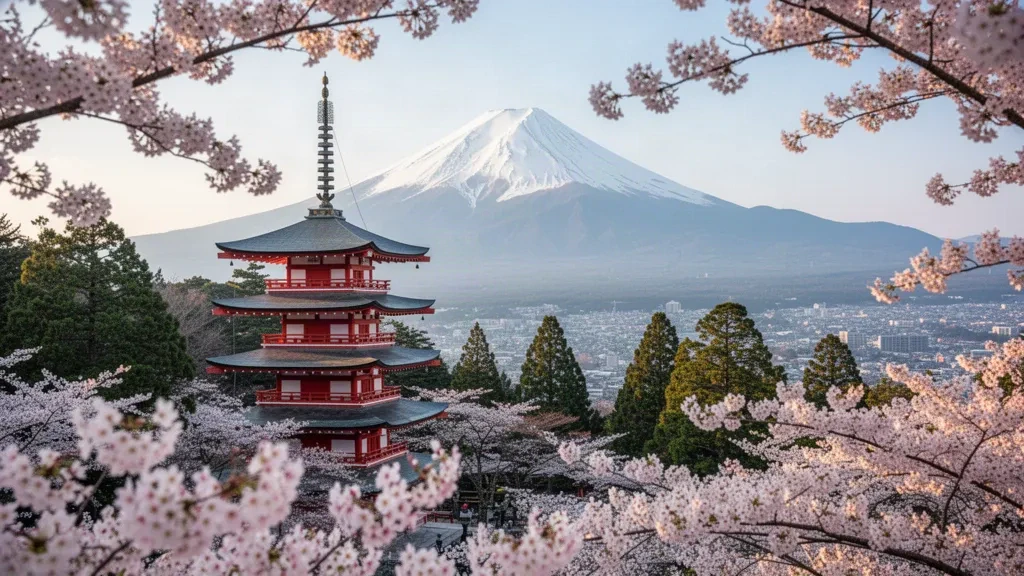Mount Fuji hinter der roten Chureito-Pagode, umrahmt von Kirschblüten in Fujiyoshida, Japan