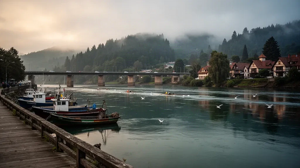 Ribera de Valdivia y puente Pedro de Valdivia en la Región de Los Ríos de Chile bajo una suave luz sureña