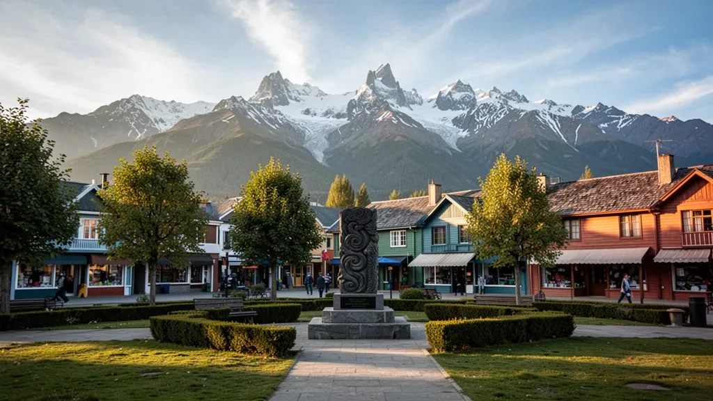 Blick zur goldenen Stunde auf die Plaza de Armas von Coyhaique in der chilenischen Region Aysén, mit Holzhäusern und schneebedeckten patagonischen Bergen hinter dem Platz