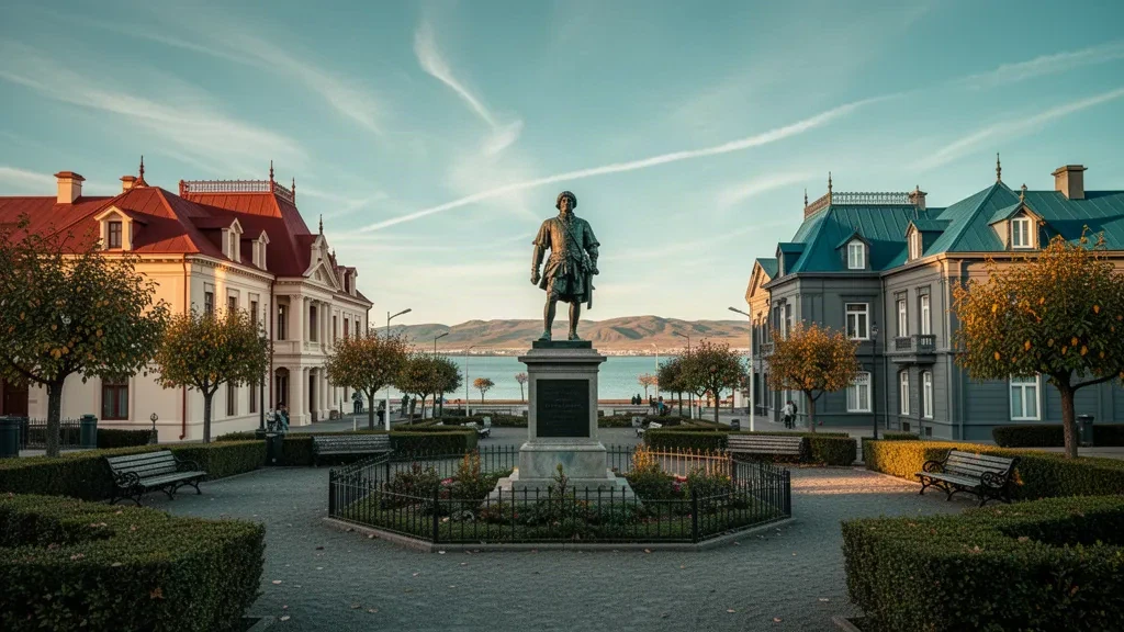 Plaza Muñoz Gamero en Punta Arenas, Región de Magallanes, Chile, con el monumento a Magallanes y coloridas mansiones históricas.