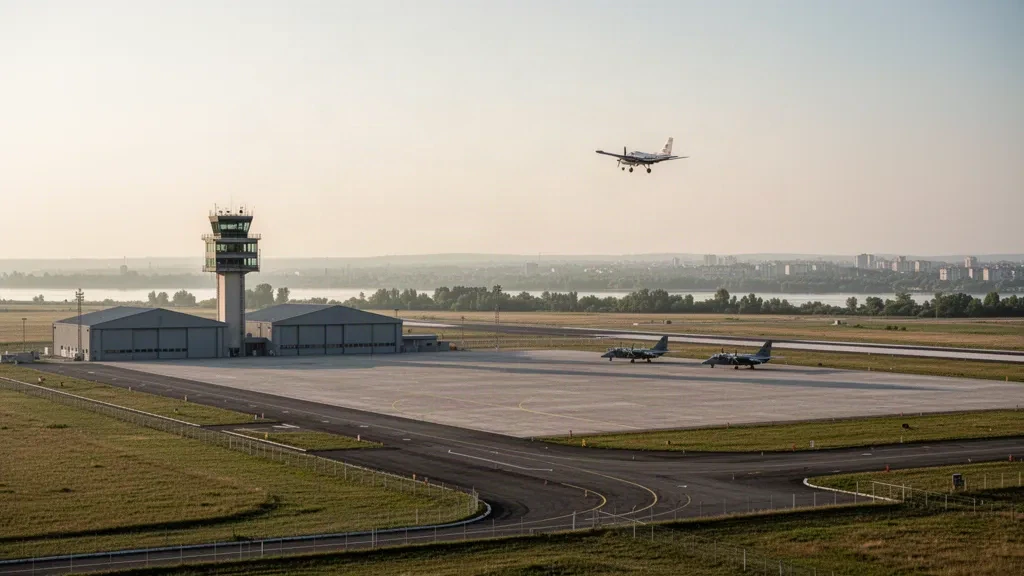 Vue à l'heure dorée de la base aérienne de Batajnica près de Belgrade, avec piste, tour de contrôle, hangars et tarmac sur la plaine plate.