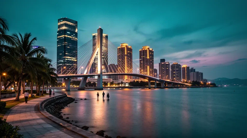 Panorama de Haikou au-dessus de la baie de Haikou à l'heure bleue, avec le pont du Centenaire illuminé et des palmiers tropicaux, Hainan, Chine