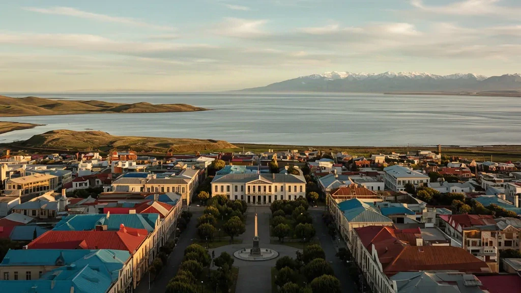 Şili'nin Magallanes bölgesindeki Punta Arenas'ın altın saatlerdeki panoramik görünümü; renkli çatılar ve ötesinde Macellan Boğazı.