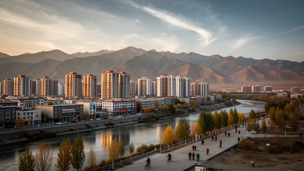 Horizonte de Xining en Qinghai, China, al atardecer, con el río Huangshui y las montañas de la meseta tibetana detrás de la ciudad