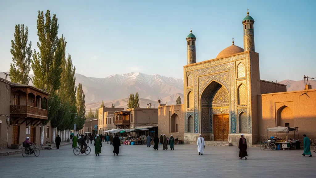 Vue à l'heure dorée de la vieille ville de Kashgar au Xinjiang, avec le portail de la mosquée Id Kah, des maisons en argile et une place animée dans une lumière chaude de désert
